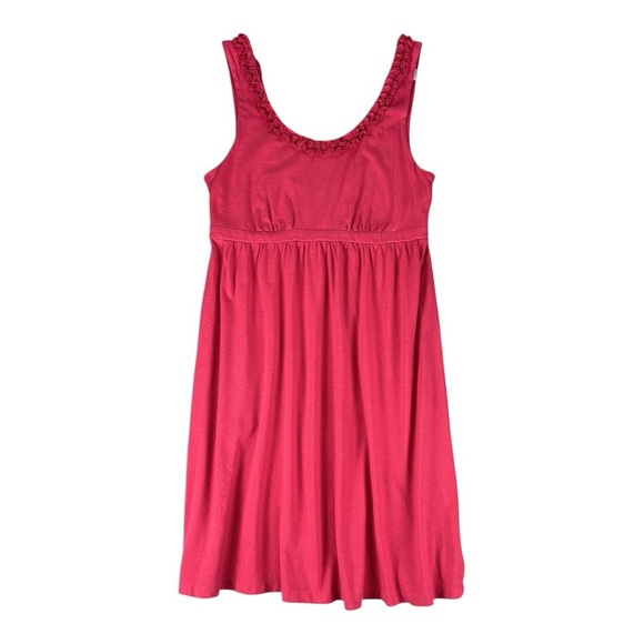 LOFT Dresses & Skirts - LOFT Pink Cotton Dress with Empire Waist and Scoop Floral Ruffle Neckline